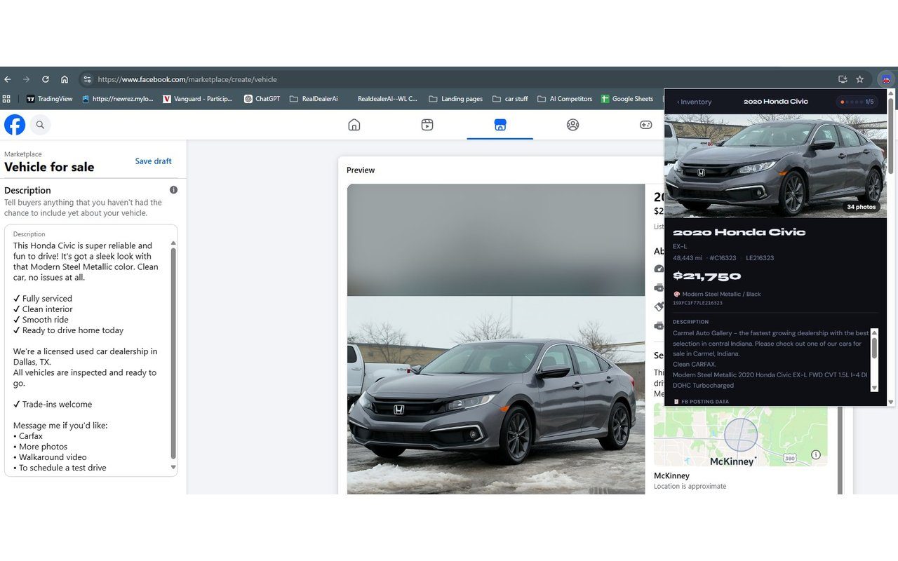 DealerPost extension showing a 2020 Honda Civic listing being posted to Facebook Marketplace