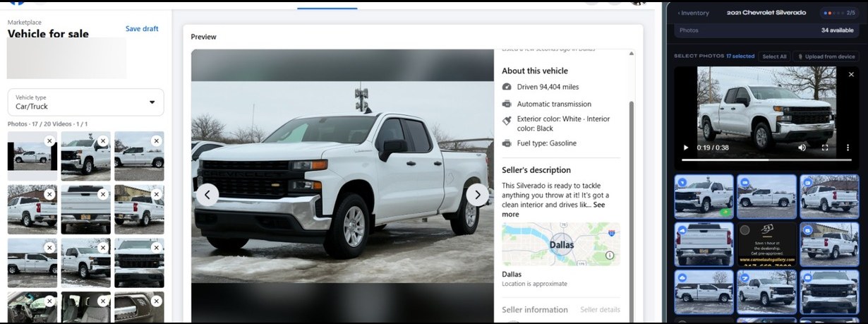 DealerPost extension open inside Facebook Marketplace, posting a 2021 Chevrolet Silverado