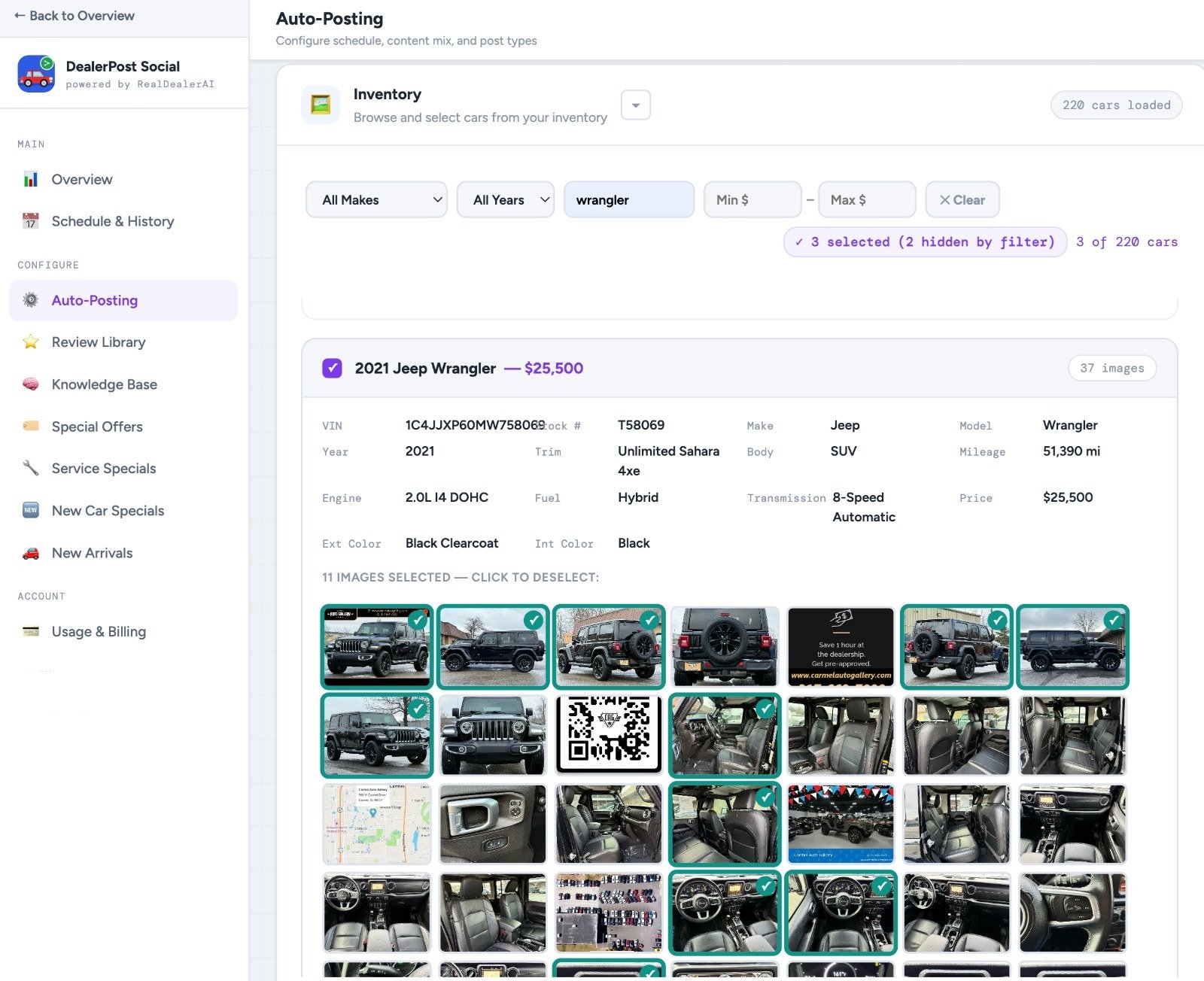 DealerPost Social inventory feed showing a live vehicle listing pulled from a dealership's lot