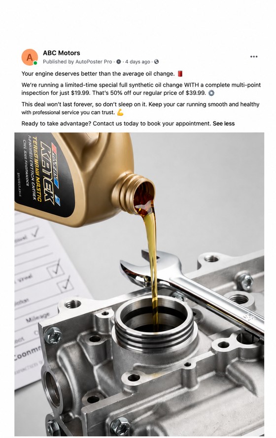 Example Service Special Facebook post generated by DealerPost Social